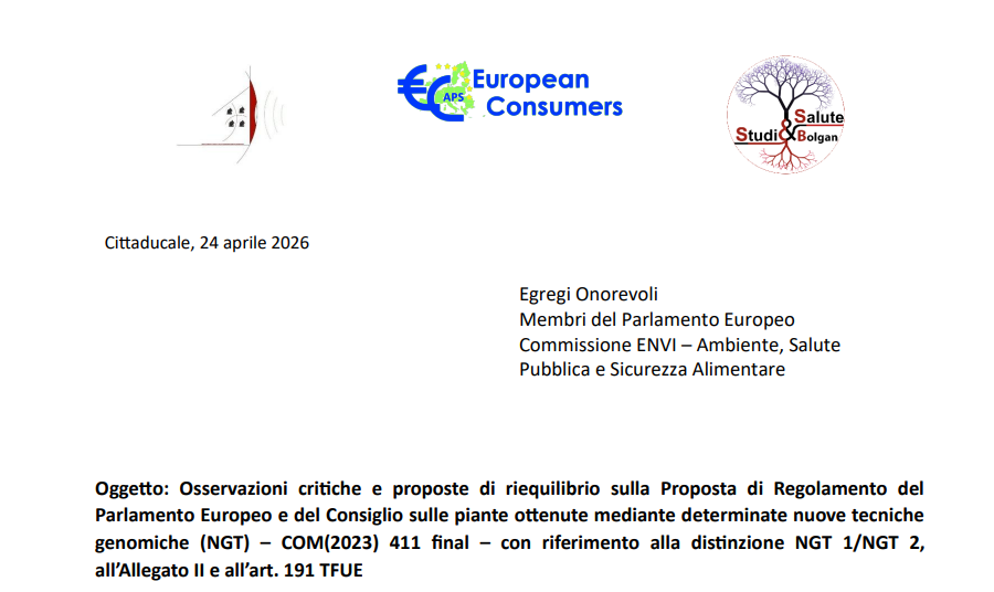 NGT: European Consumers APS, ALU e Bolgan Studi & Salute scrivono alle Istituzioni Europee contro la deregolamentazione dei nuovi OGM