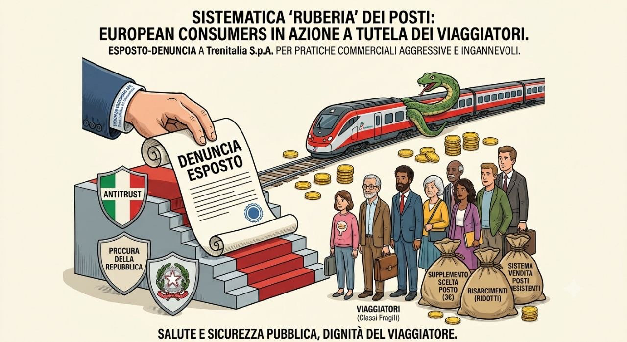 Comunicato stampa: European Consumers APS deposita esposto presso AGCM e Procura della Repubblica: “Trenitalia, vendite sistematiche di posti inesistenti. È danno alla collettività.”